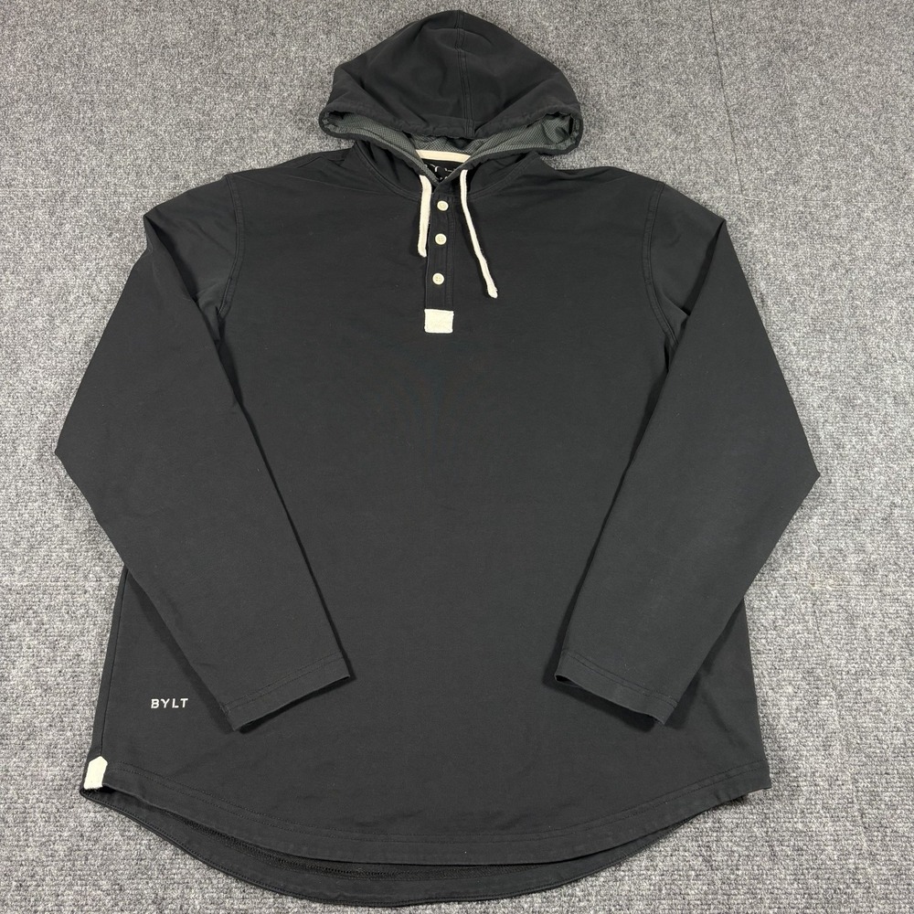 BYLT Long Sleeve Drop Cut Hooded Henley Lux-Black Men's Size Large Preppy Beach